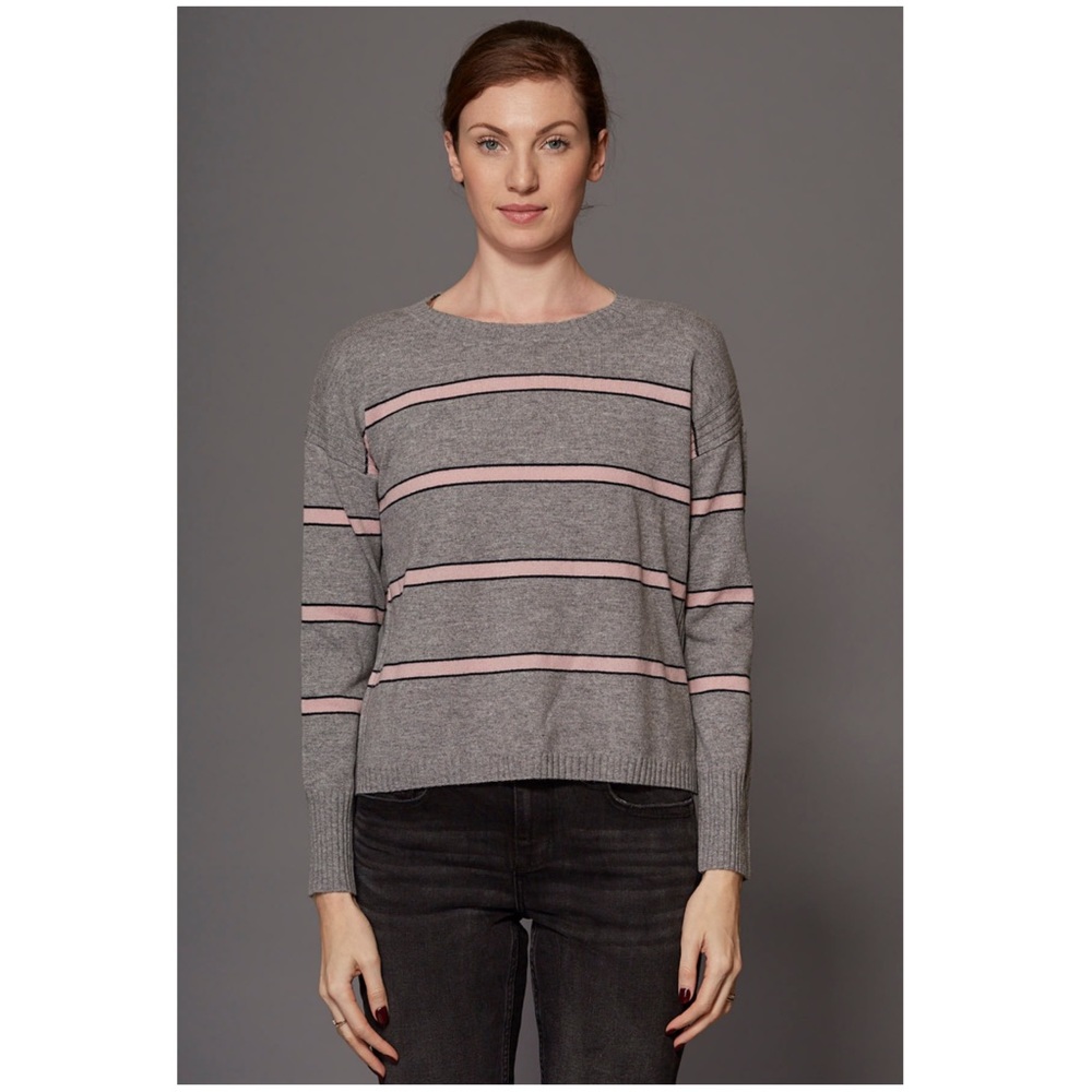 •SWTR•‎ Wool Cashmere Blend Stripe Crop Crew Sweater in Elephant Combo Size M